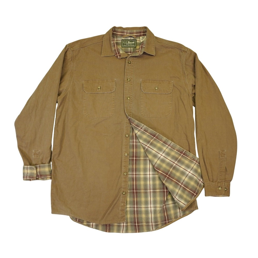 LL Bean Hurricane Shirt Jacket Mens L Tall Brown Plaid Flannel Lined Canvas